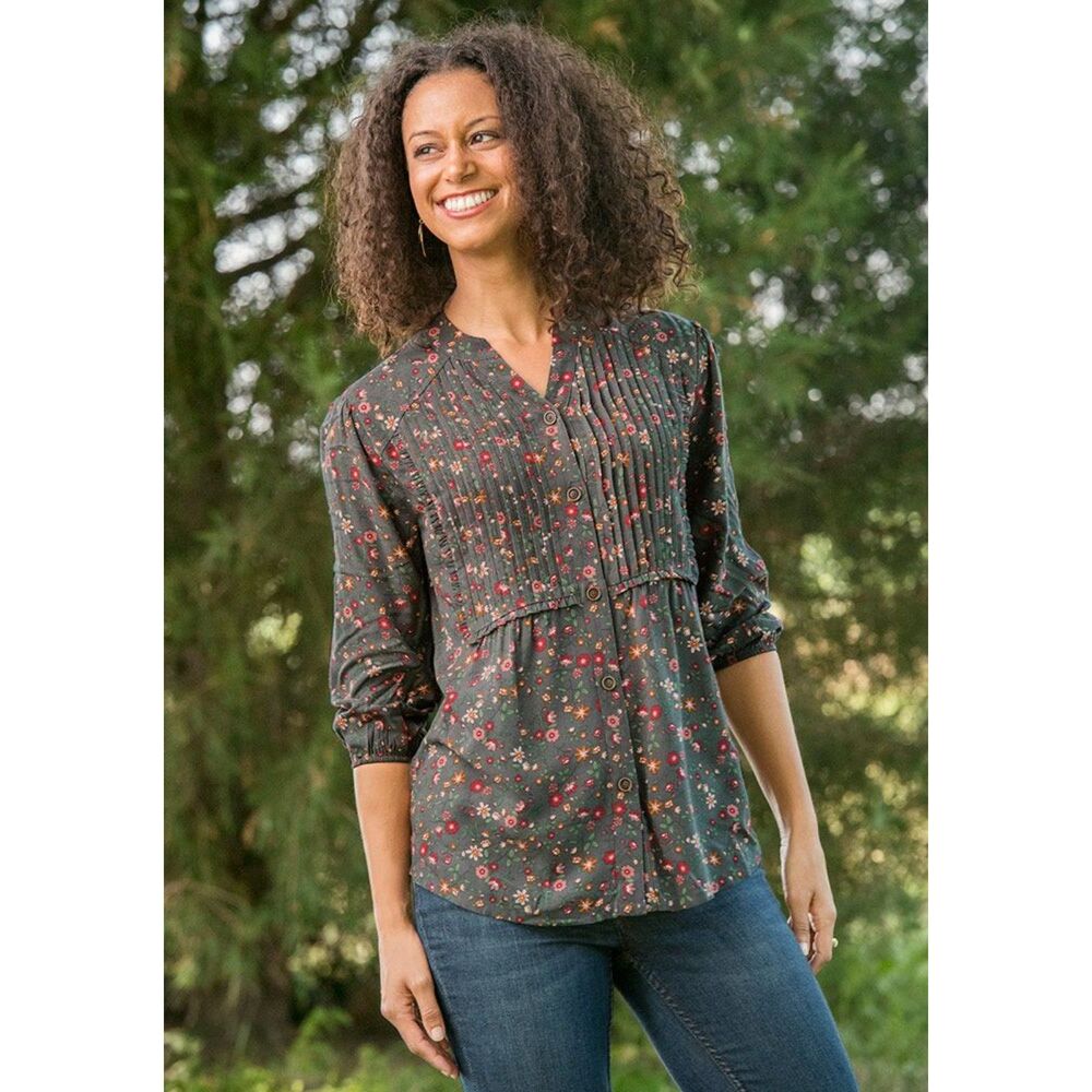 Gray Floral Sz Small AFTERNOON STROLL Pintucked High Low Boho Shirt MATILDA JANE